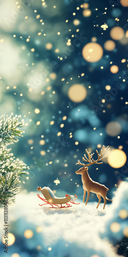 miniature landscape of reindeer, sled in blue bokeh effect background, christmas