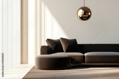 modern living room, chic living room with cozy vibes and modern flair mocha carpet under luxe sofa, sleek fixtures, sunlight flooding in through geometric windows photo