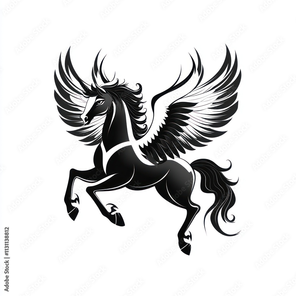 Fototapeta premium Black winged horse, pegasus, mythical creature, vector illustration.