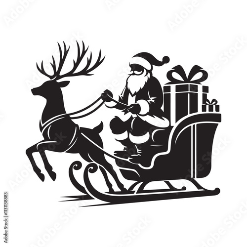 Black Silhouette santa clause and reindeer sleigh for christmas decoration clip art