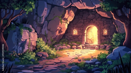 Enchanting cavern entrance glowing in the moonlight nestled amidst the mysterious and captivating forest landscape inviting into a fantastical otherworldly realm photo