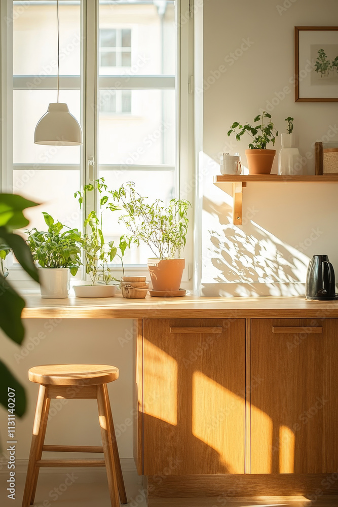Fototapeta premium A bright and inviting kitchen interior featuring wooden countertop, potted plants, and natural light streaming through window, creating beautiful shadows