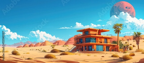 Breathtaking modern desert oasis villa with striking architecture  lush palm trees  and a vibrant sky in a serene  arid landscape  Explore this tranquil  luxurious retreat in an exotic