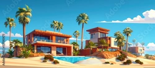 Stunning tropical resort villas with private pools and breathtaking ocean views nestled in a serene beachfront setting surrounded by swaying palm trees and azure waters  This luxurious