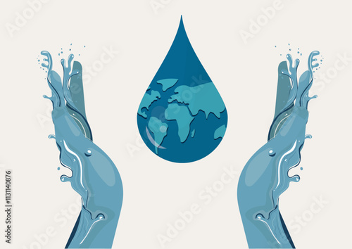 Hands Holding Water with Earth Symbol. hands formed from water cradling a droplet with an Earth map, symbolizing global water conservation. World water day illustration. Save water vector. 