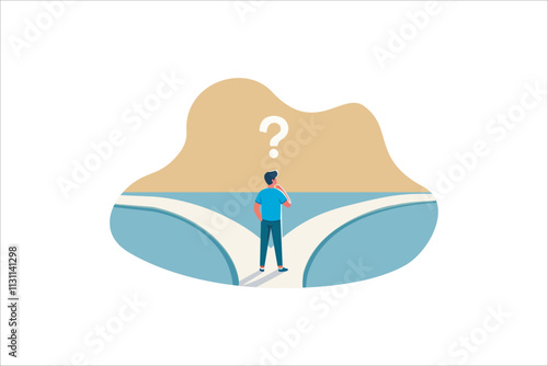 Path choice concept. Man stands at fork with three roads. Young guy determines path of life and makes decision. Metaphor for thought process. Graphic element for site. Cartoon flat vector illustration