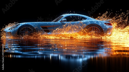 A sleek car splashes through water, illuminated by fiery effects.