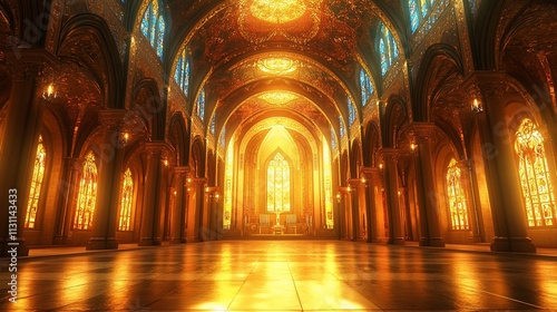 Grand cathedral interior with stained glass windows and golden light.