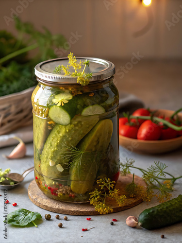 Freshly pickled cucumbers in a glass jar with herbs and spices on a rustic kitchen table.