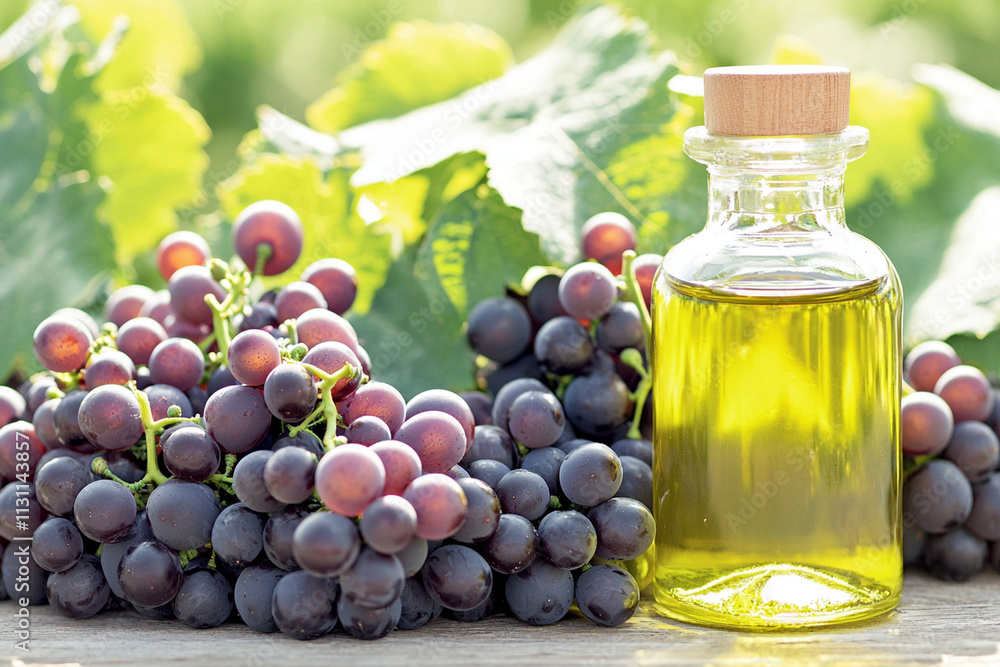 Fototapeta premium Grape seed oil next to fresh grape bunches