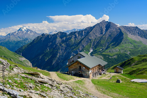  The Refuge de la Croix du Bonhomme mountain hut in French Alps. Part of the Tour du Mont Blanc challenge. 