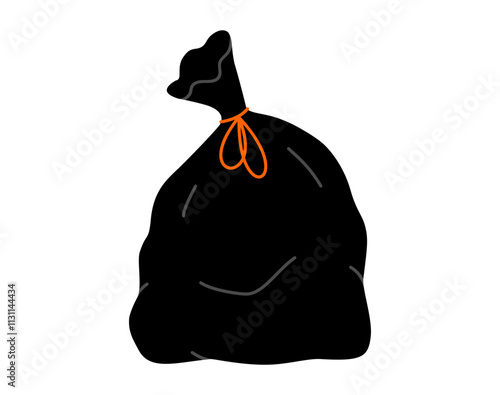 Hand drawn cute cartoon illustration of big garbage bag. Flat vector black plastic package with trash, environmental pollution design in colored doodle style. Waste sorting sticker, icon. Isolated.