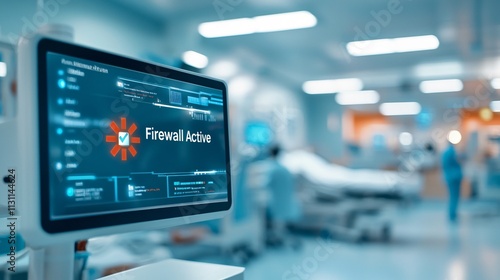 Wallpaper Mural AI healthcare and cybersecurity. Digital display shows "Firewall Active" in a modern medical environment. Torontodigital.ca