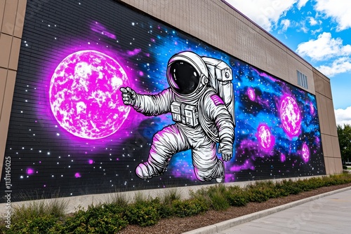 Astronaut Mural in Space Theme on Urban Wall photo