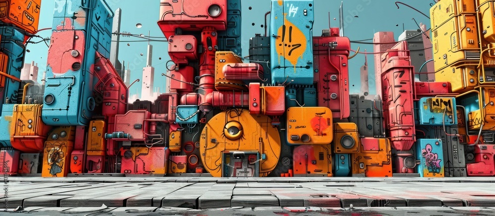 Fototapeta premium A captivating and visionary digital artwork depicting a surreal futuristic cityscape composed of vibrant geometric architectural structures and forms in a bold imaginative and experimental style