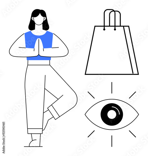 Woman standing in tree pose, large shopping bag, and eye with rays around. Ideal for mindfulness, yoga, consumer behavior, awareness, lifestyle balance healthy habits marketing insights. Line