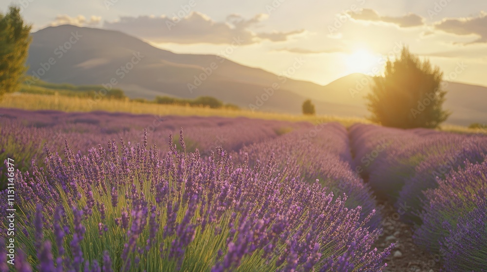 Fototapeta premium Sunset over rows of purple lavender.
