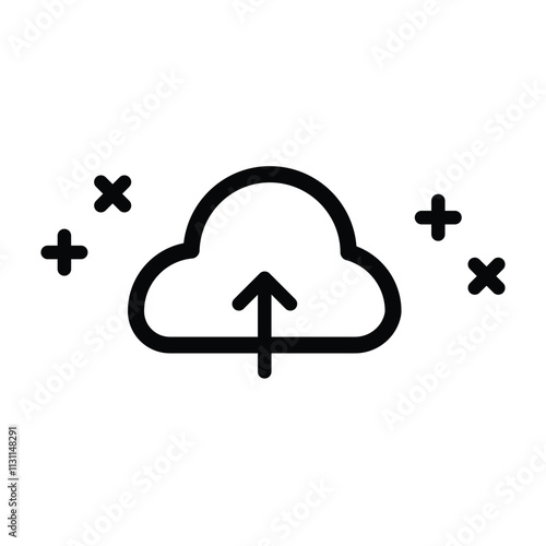 Icon features a cloud with an upward arrow, representing upload functionality. Surrounding it are minimalistic plus and cross symbols. Upload information, files, or video concept
