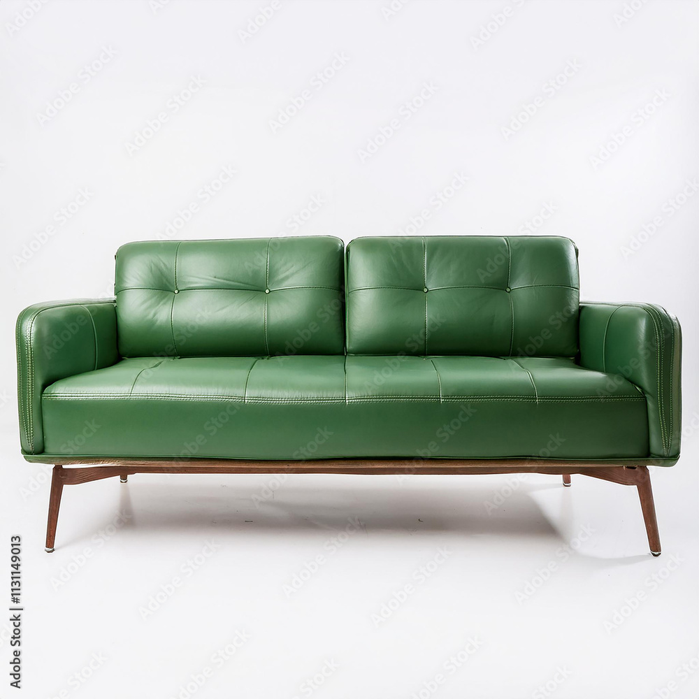 Naklejka premium Elegant Green Leather Sofa Modern Mid Century Design Home Furniture