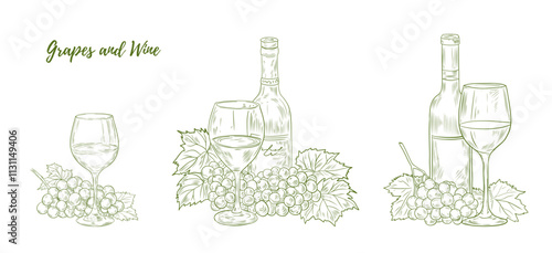 Vector grape branch and glass with wine with grapes and leaves line art illustration, graphic line vine. Wine glass and grapes. Vine grapes. Great for any designs, textile, art, walls, package