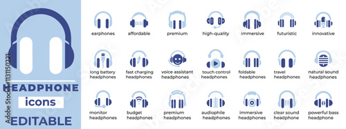 Stylish headphone vector icons featuring music, audio, podcasts, customer support, gaming, and modern sound designs

