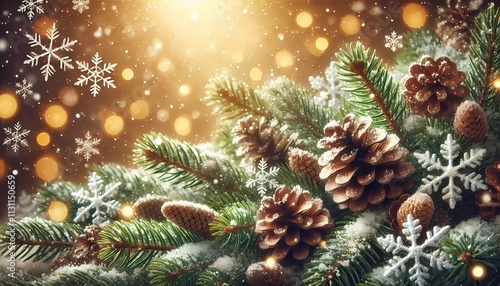 Christmas snowy winter holiday celebration greeting card banner panorama - Closeup of pine branch with pine cones and snow, defocused blurred background with nite sky and bokeh lights and snowflake, photo