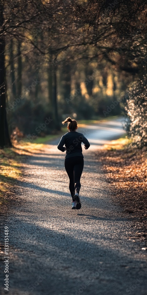 Obraz premium Woman runs on a path in the woods
