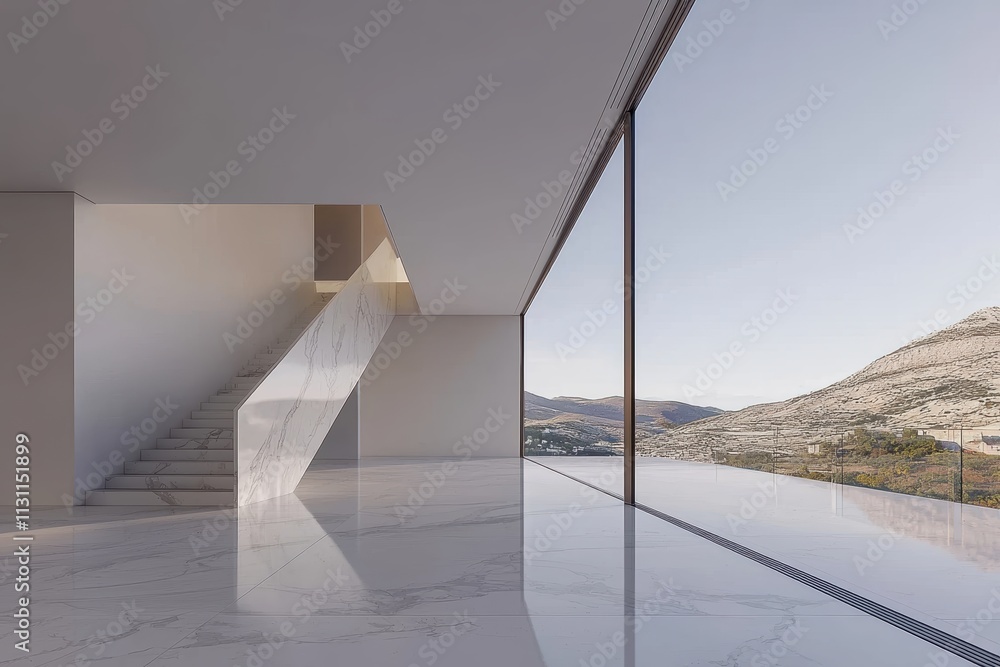 Obraz premium A spacious, modern interior featuring sleek lines, an elegant staircase, and panoramic views of the surrounding landscape through large windows.