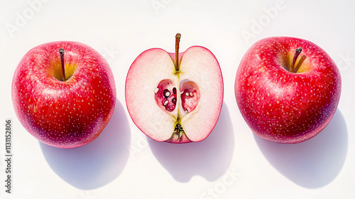 Fresh Red Apples and Pink Apple Halves on White Background