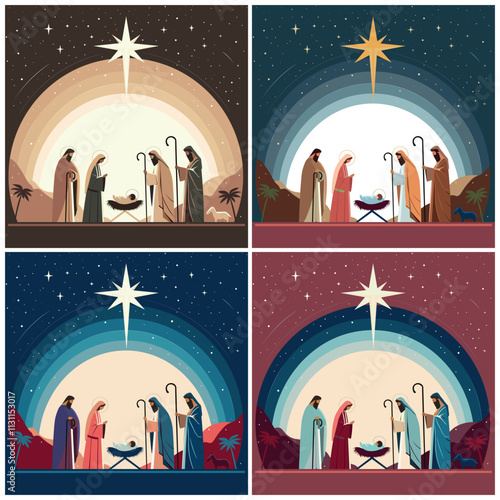 Flat vector illustrations of Nativity scenes featuring Mary, Joseph, baby Jesus, Magi, and a star. Simple, minimalist style without gradients, perfect for religious and Christmas-themed projects