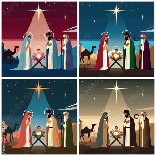 Flat vector illustrations of Nativity scenes featuring Mary, Joseph, baby Jesus, Magi, and a star. Simple, minimalist style without gradients, perfect for religious and Christmas-themed projects