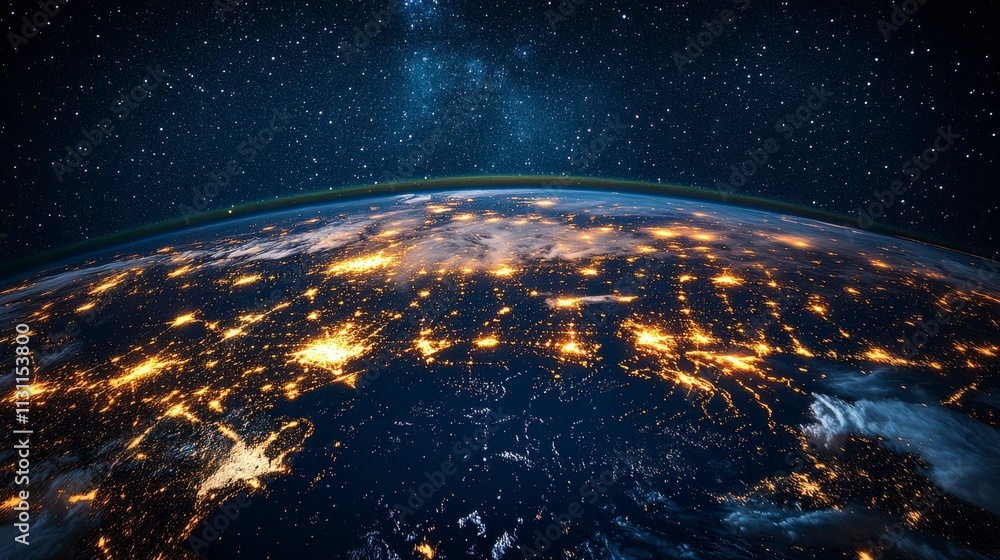 Obraz premium Earth seen from the stars illuminated by radiant city lights on continents surrounded by swirling clouds against the backdrop of the endless cosmic expanse