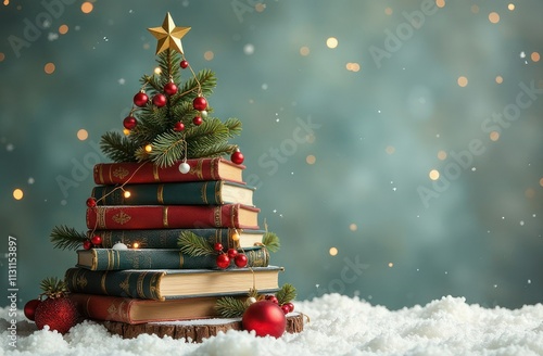A Christmas tree made up of large books, decorated with fir branches, red balls, garland, stands on white snow, green background with bokeh. Knowledge, science, library, reading people in New Year