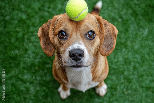 beagle mid leap backyard reaching green tennis ball high above. Ears are flapping and nose crinkled surrounded lush green grass bright sunlight. photo