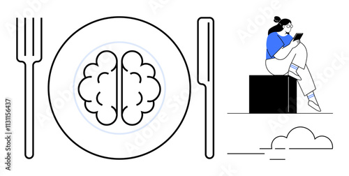 Brain on plate between fork and knife symbolizing mental nourishment. Woman engrossed in smartphone, sitting on block next to cloud. Ideal for education, mental health, mindfulness, technology