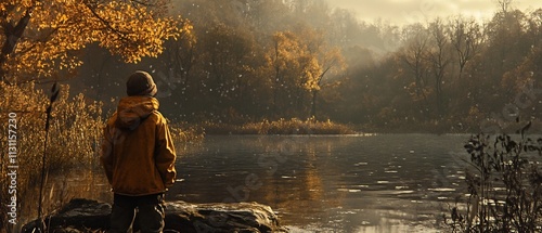 Captivating autumn landscape with a person standing by a serene riverside surrounded by golden hued trees and a tranquil reflection on the water s surface  Conveying a sense of solitude contemplation photo