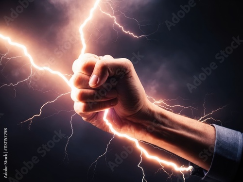A hand gripping a vibrant lightning bolt, symbolizing willpower and strength. Dark background with glowing lightning creates a dramatic, empowering scene