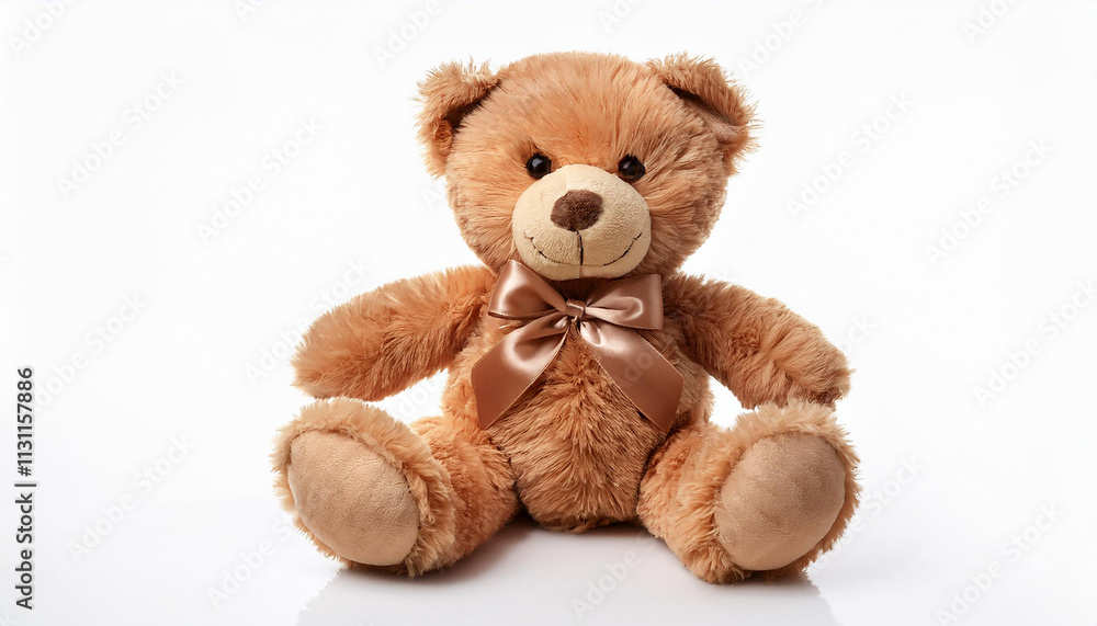 Fototapeta premium Adorable Brown Teddy Bear Plush Toy with Bow Soft Cute Child s Plaything