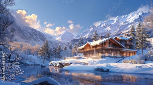 Majestic mountainside chalet nestled in a picturesque winter wonderland landscape featuring a frozen lake with stunning reflections snow capped peaks and a breathtaking sunset sky