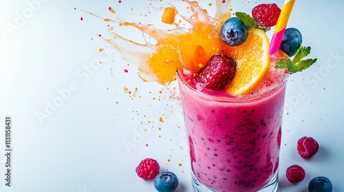 Vibrant and dynamic smoothie splash with suspended fruit pieces like berries citrus and greens against a clean white background  The smoothie bursts upward with a lively energy showcasing the fresh photo