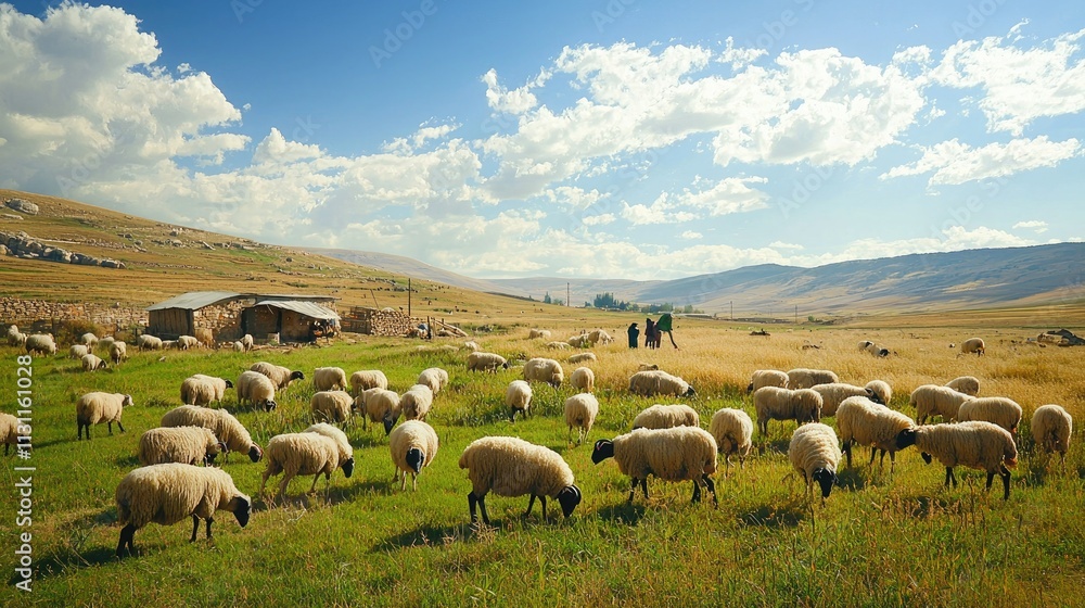 Obraz premium Sheep and goats grazing on a small farm, with a farmer tending to them in the distance. 