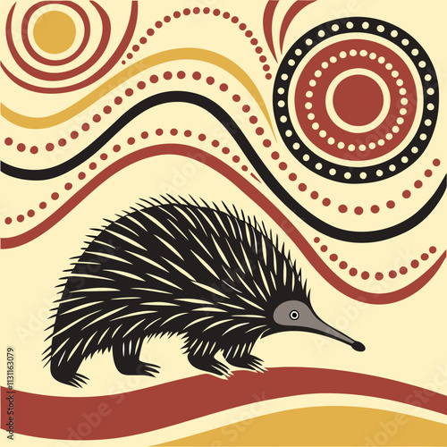Echidna in Aboriginal Dot Art Style on Beige Background. Australian dot art painting. Australian wildlife and traditional art. Ideal for cultural projects, education, and souvenirs