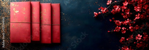 Three red envelopes with gold details lying on a dark blue surface with golden purple pollen around them. On the right is a branch of red colors. Chinese New Year. Copy space. Top view