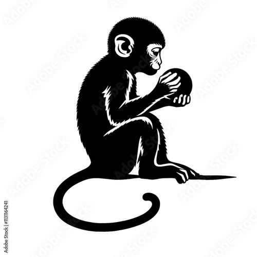 Silhouette of monkey holding sphere.