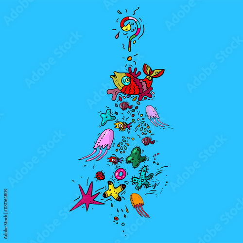 Illustration of fishes, jellyfishes and starfishes. Underwater background.