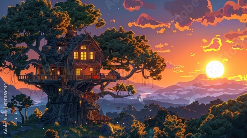 Magnificent sunset view of an enchanting treehouse cabin nestled among the lush foliage overlooking a tranquil river and majestic mountains in the distance  A picturesque and whimsical nature retreat