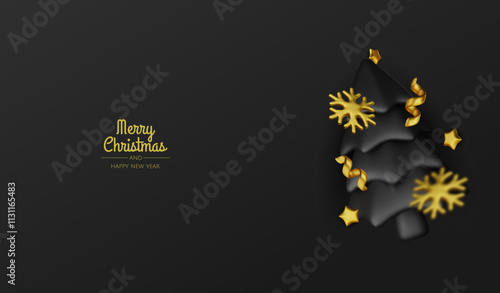 Happy New Year and Merry Christmas. Christmas holiday background with realistic 3d objects, violet and white bauble balls, conical metal stars, gift. Levitation falling design composition.