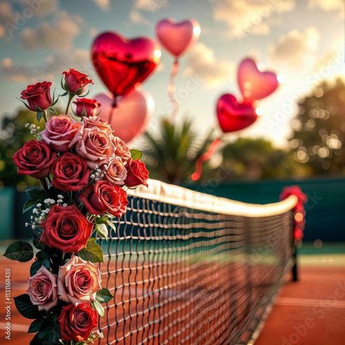 Romantic tennis. A tennis net adorned with roses and heart balloons.