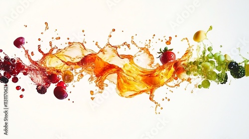 and dynamic splash featuring a mix of colorful fruits and juices in swirling energetic motion captured against a clean white background photo