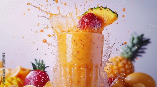 Vibrant and dynamic motion of tropical fruits like pineapple strawberry and orange splashing into a refreshing smoothie with bold and vivid colors isolated on a clean white background photo